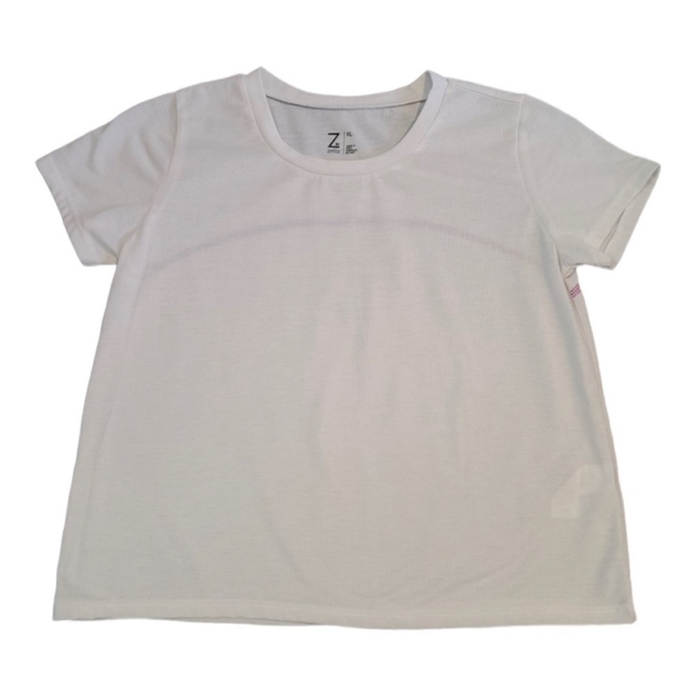 Zella Athletic Short Sleeve Shirt With Purple Stitching On The Back Size L